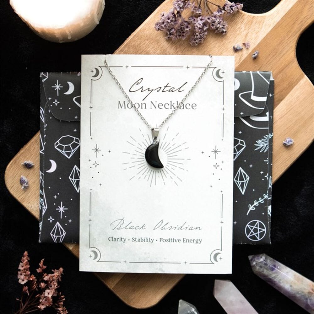 Black Obsidian Crystal Moon Necklace on Greeting Card Necklaces & Pendants Secret Halo 