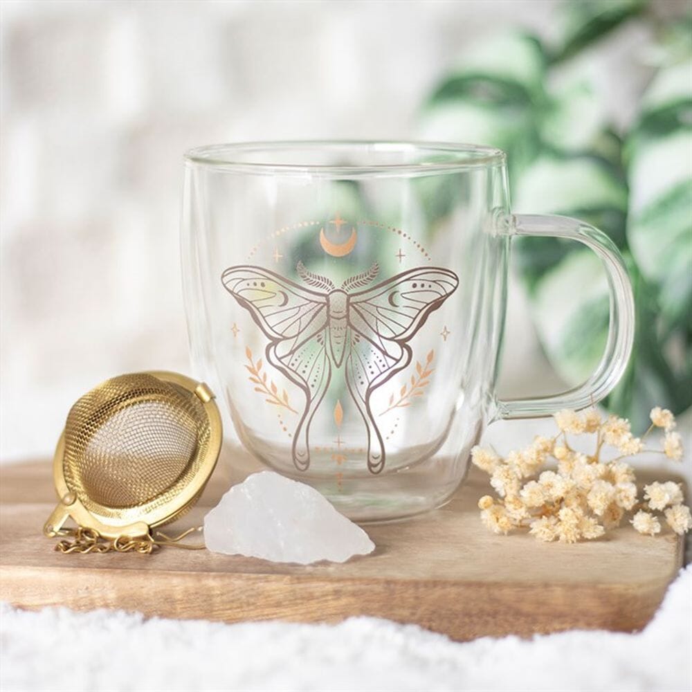 Luna Moth Double Walled Glass Mug with Crystal Tea Infuser Mugs Secret Halo 