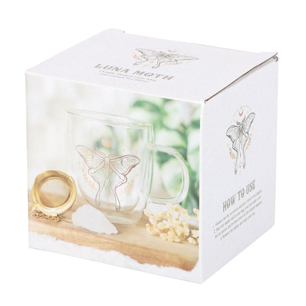 Luna Moth Double Walled Glass Mug with Crystal Tea Infuser Mugs Secret Halo 