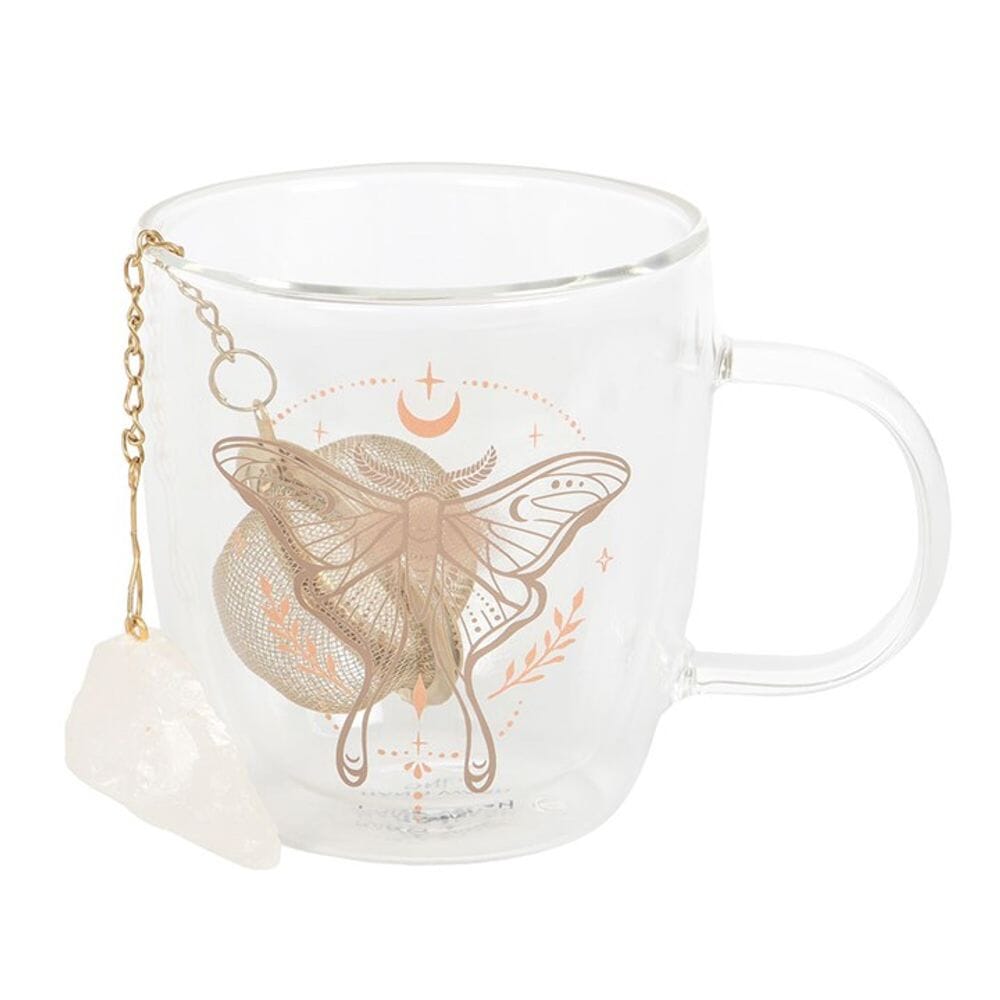 Luna Moth Double Walled Glass Mug with Crystal Tea Infuser Mugs Secret Halo 