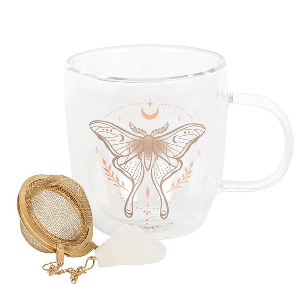 Luna Moth Double Walled Glass Mug with Crystal Tea Infuser Mugs Secret Halo 