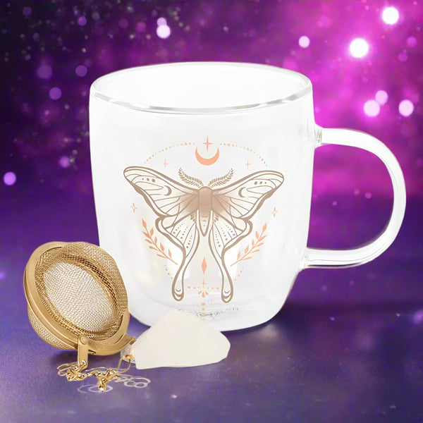 Luna Moth Double Walled Glass Mug with Crystal Tea Infuser Mugs Secret Halo 