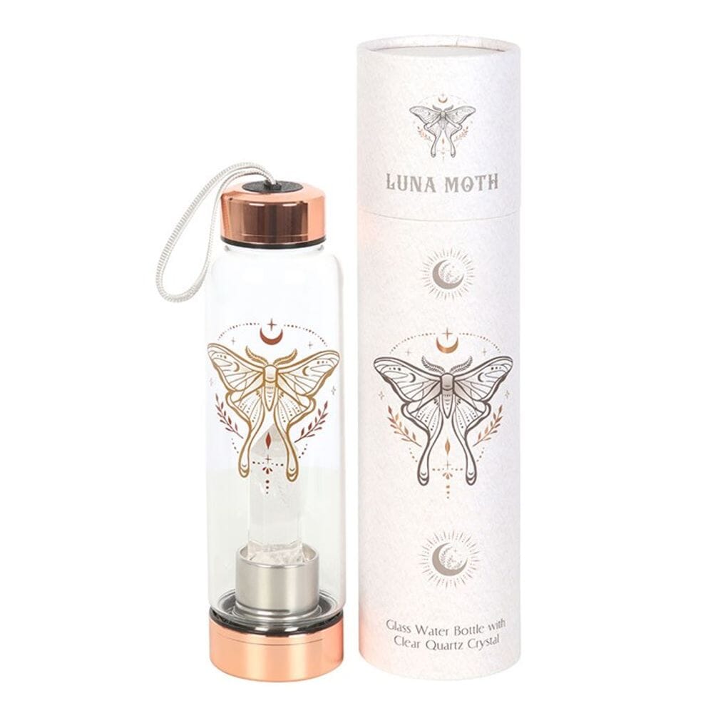 Luna Moth Glass Water Bottle with Clear Quartz Crystal Gifts Secret Halo 