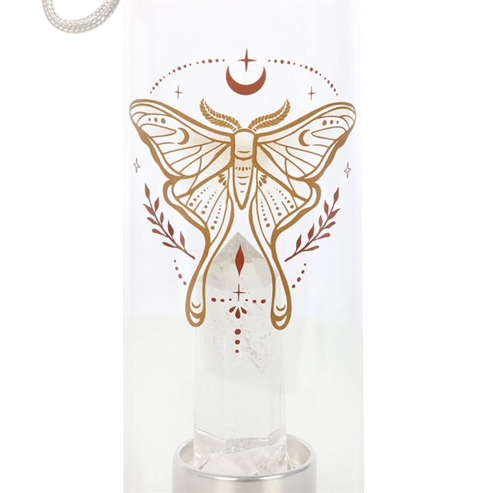 Luna Moth Glass Water Bottle with Clear Quartz Crystal Gifts Secret Halo 