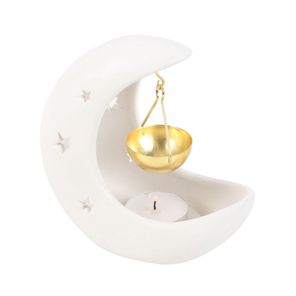 White Crescent Moon Hanging Oil Burner with Gold Dish Home Fragrance Secret Halo 