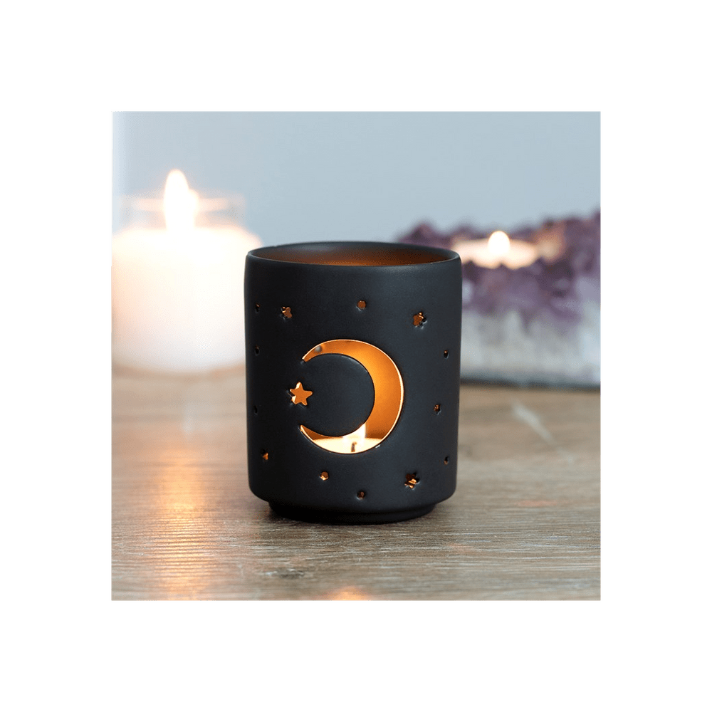 Small Black Mystical Moon Cut Out Tealight Holder Candle Holders N/A 